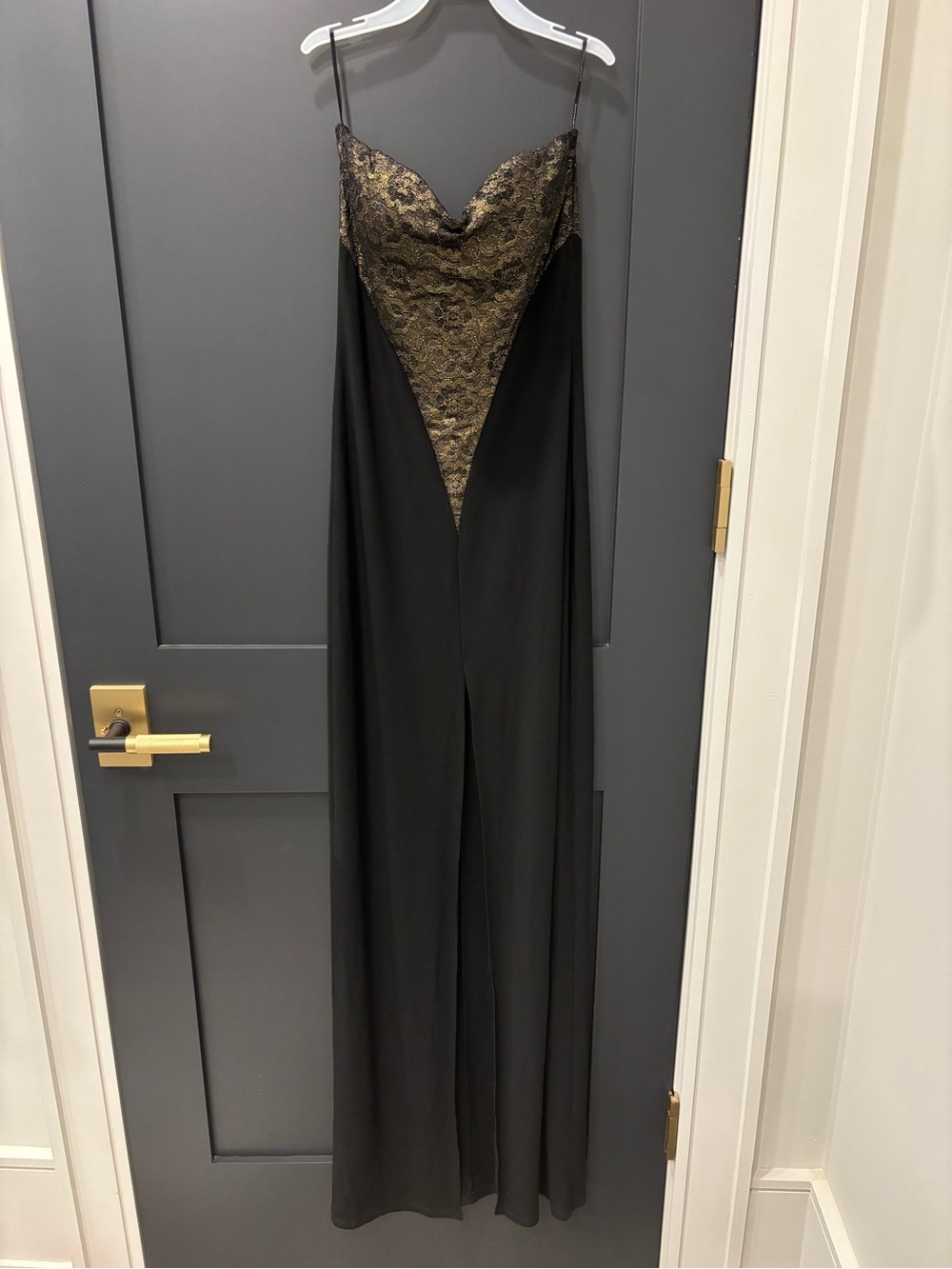 Black Slip Dress with Gold Lace Bodice